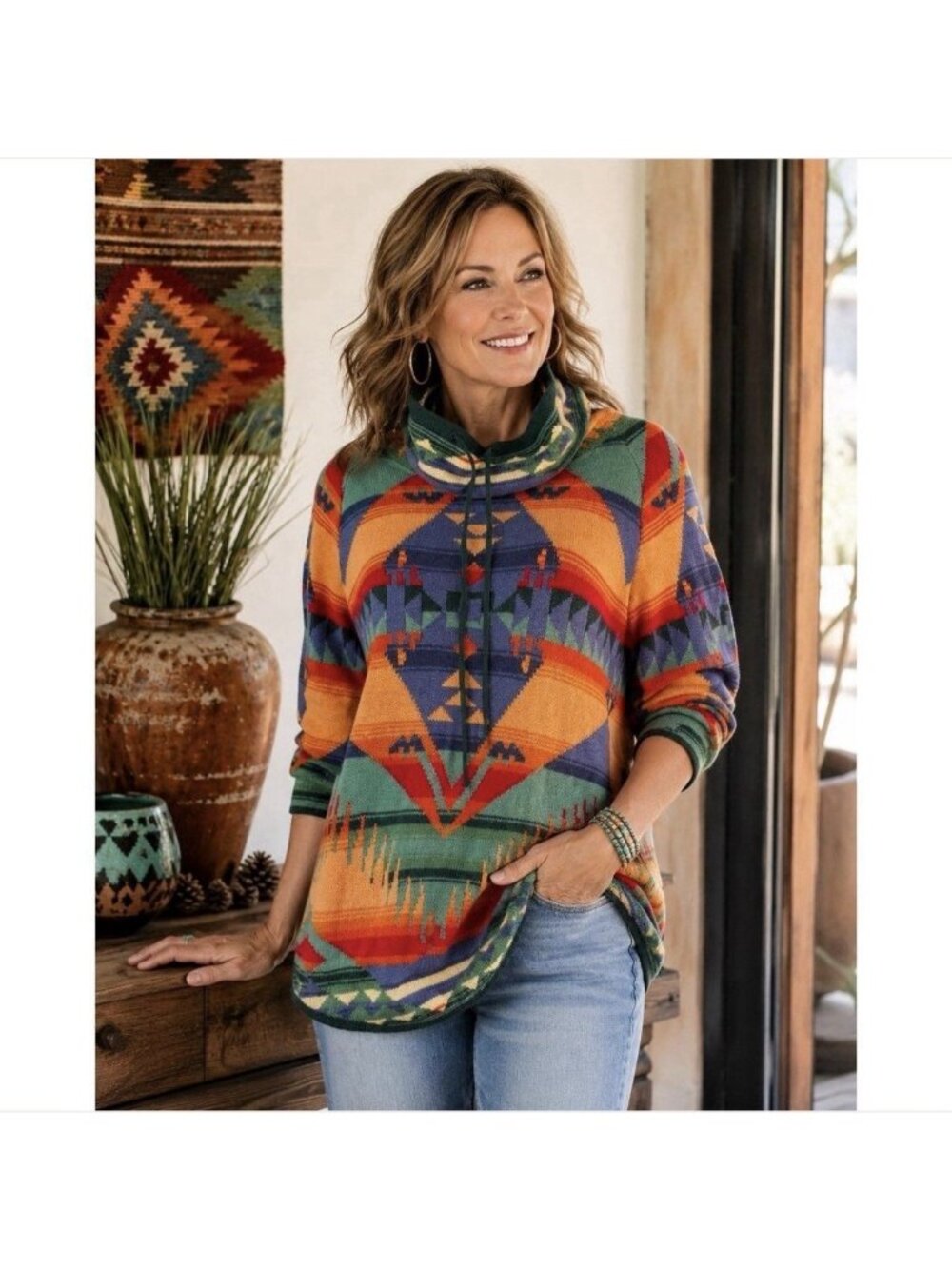 CHAPS Ralph Lauren Southwestern Cowl Neck Sweater Medium